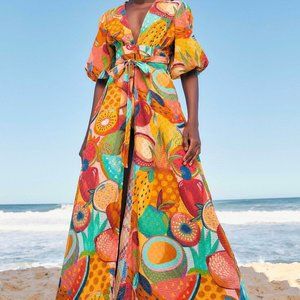 Farm Rio Summery Salad Puff-Sleeve Cover-Up Resortwear Garden Party Dopamine